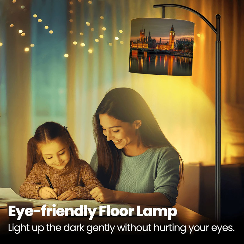Arc Floor Lamp with Adjustable Lampshade Big Ben Westminster Bridge dusk London UK Standing Lamp 3 Color Temperatures Dimmable Tall Pole Lamp with Foot Switch for Bedroom