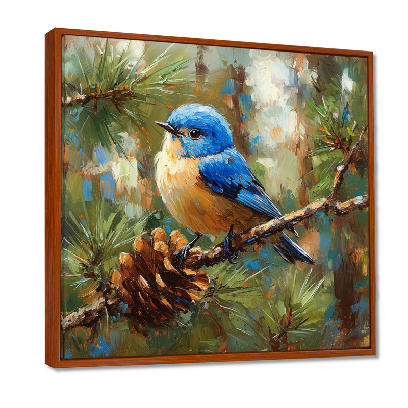 «Cheery Bluebird In The Pines II», art mural oiseau, Impression encadrée flottante, H 36 po x l 36 po, Brun