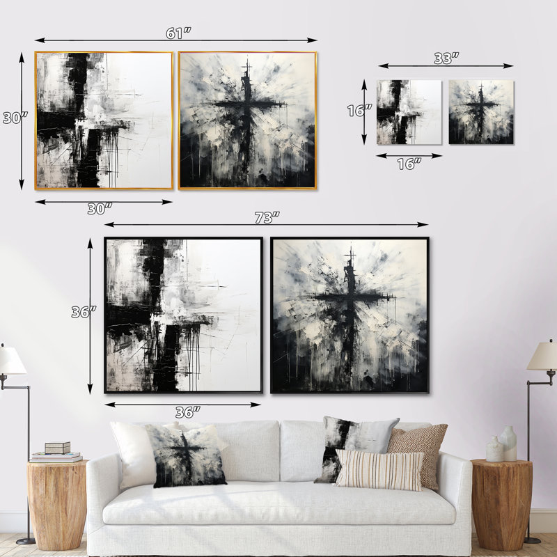 Minimalisme croix noire et blanche - ensemble de 2 collages carrés, H 16 po x l 33 po, Toile tendue