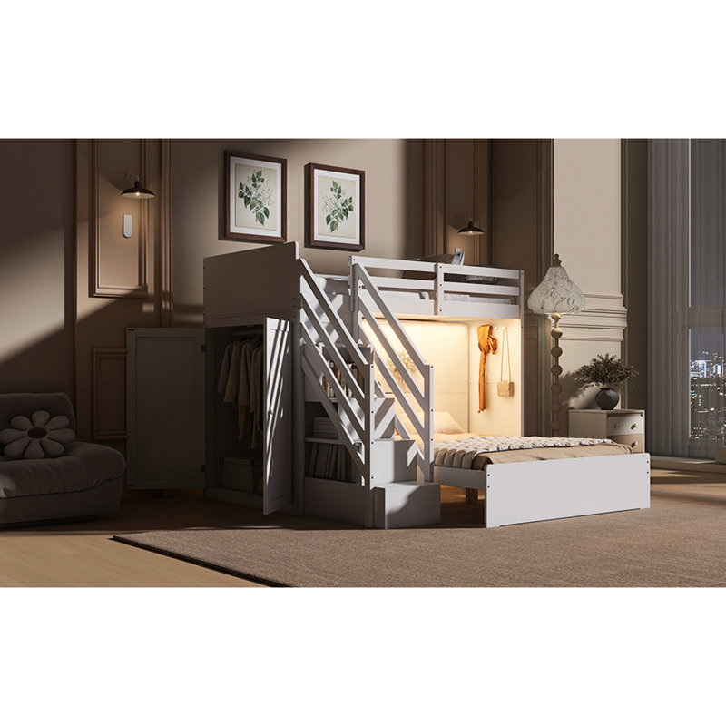 Lit superposé simple au-dessus de double avec escalier de rangement blanc, garde-robe et tablettes de nuit polyvalentes équipées