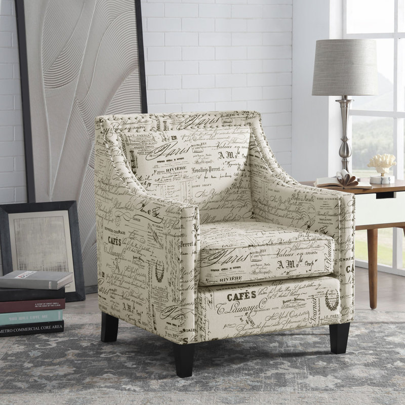 Fauteuil d'appoint Hilga Erica avec garniture cloutée chromée, Mélange de polyester texturé noir / beige
