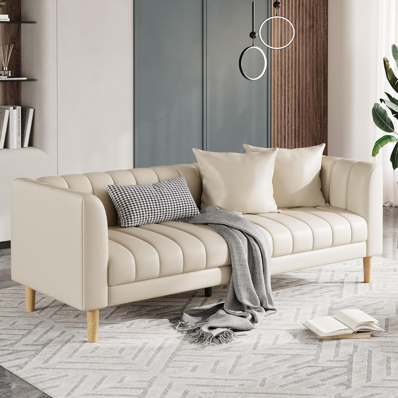 Faux Leather Sofa Couch, Modern 78" W Sofa with Deep Seats, 3 Seater Sofa Couch with 2 Throw Pillows and Wood Legs, Easy Assembly, for Living Room, Bedroom