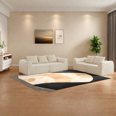 Ensemble de canapés à compression, salon moderne en velours côtelé beige 5 places