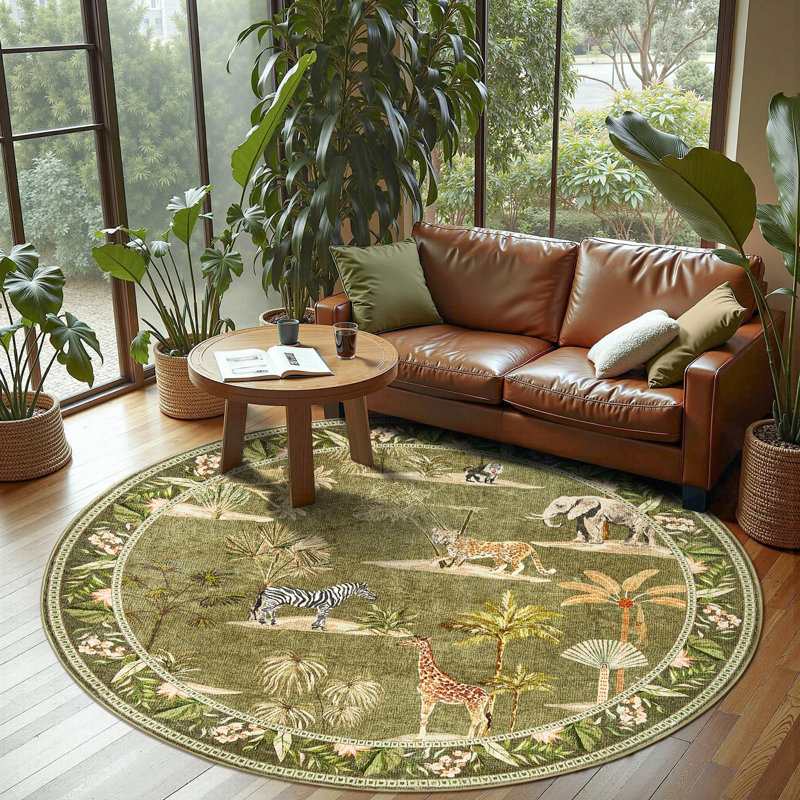 Animals Print Washable Ultra-Thin Non-Slip Area Rug, Round 8', Jungle Green