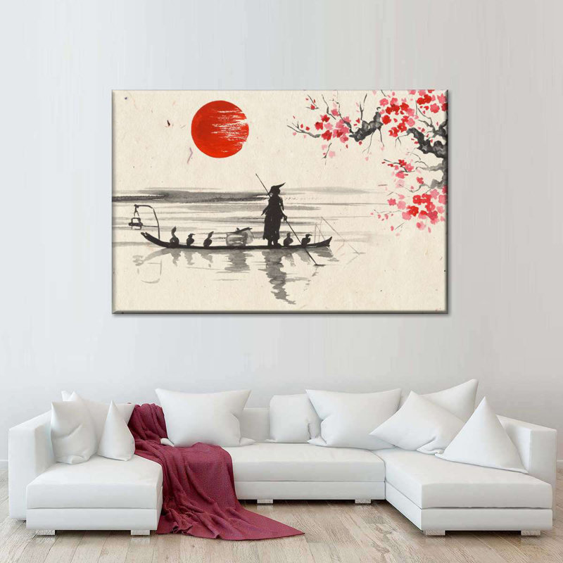 Bateau japonais sur toile, H 34 po x l 51 po x P 1,25 po