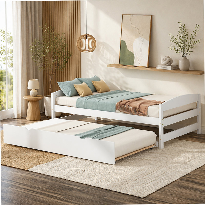 Lit plateforme simple avec lit gigogne, blanc - Mobilier de chambre à coucher gigogne gigogne en bois massif