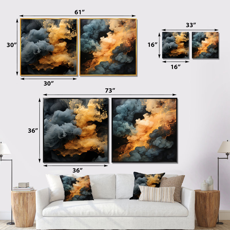 Ensemble de 2 reproductions d'art sur toile abstraites gris et orange, Toile tendue, H 16 po x l 33 po x P 1 po
