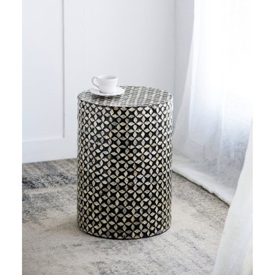 19.7 - Inch Tall Black Round Accent Stool For Indoor And Outdoor Garden Side With Geometric Pattern Inlay Decor