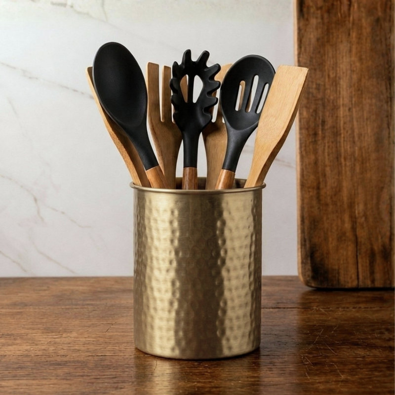 Hand Hammered Metal Kitchen Utensil Holder, Gold