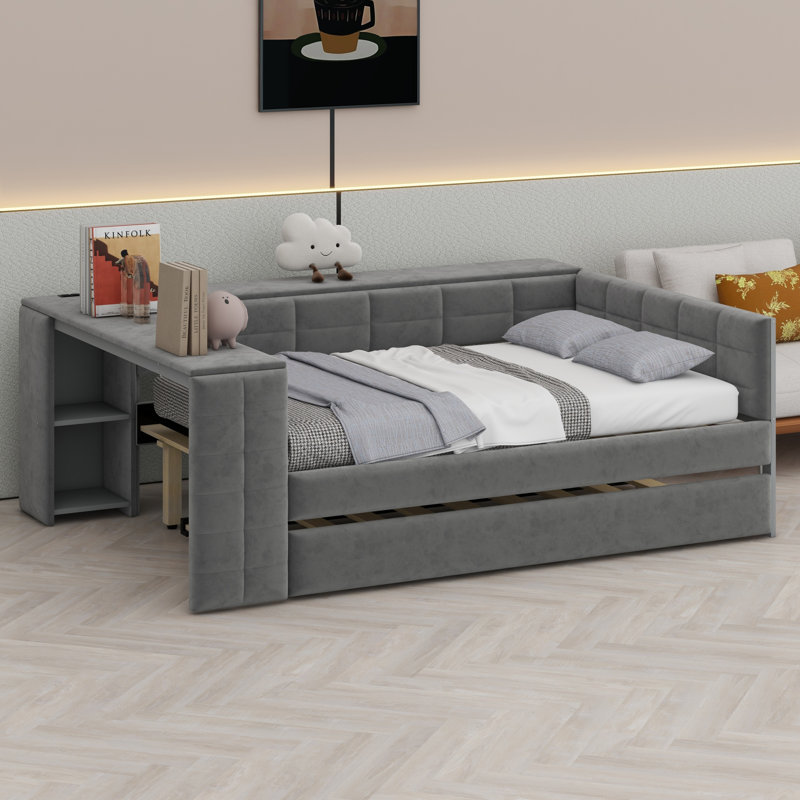 Lit plateforme tapissier avec tablettes de rangement, bureau, station de charge et lit gigogne, Gris