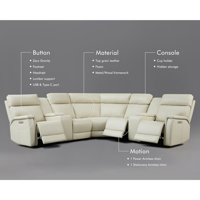 7-Piece, 3 Power Recliners Leather Reclining Sectional, Power Headrest & Lumbar, Power - Push Button