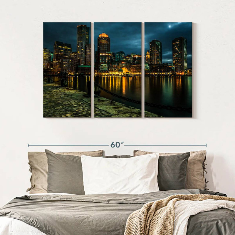 «Boston Skyline At Night», reproduction d'art sur toile, H 50 po x l 32 po x P 1,25 po