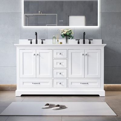 Meuble-lavabo de salle de bain en bois massif, 152,4 cm (L) x 86,9 cm (H), avec comptoir en marbre synthétique blanc pur et double vasque, blanc