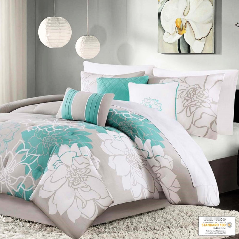 Édredon très grand imprimé en coton, 3 coussins brodés, jupe de lit ornée d'un motif floral