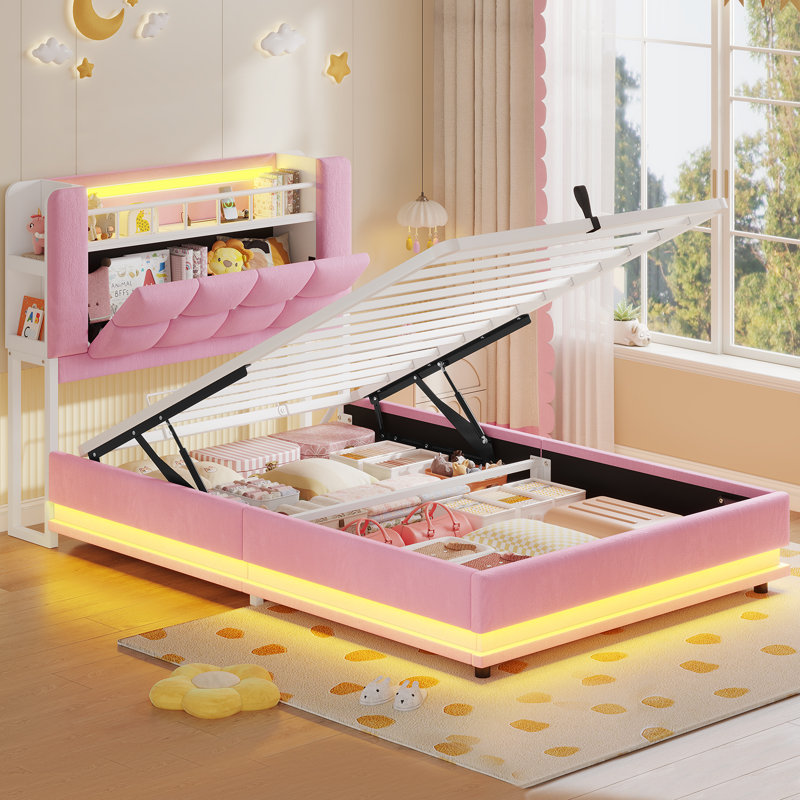 Twin Size Bed Frame With Lift Up Storage, Led Lights,charging Station,velvet Upholstered Platform Bed With Storage Headboard,no Box Spring Needed
