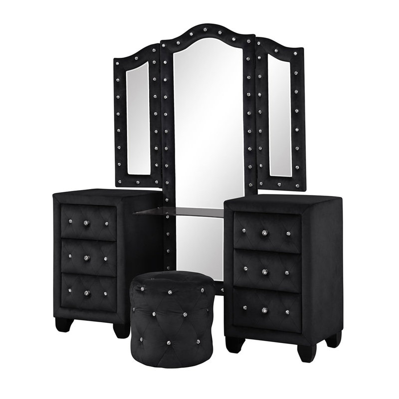 Ensemble de meuble-lavabo capitonné en cristal de style moderne avec 6 tiroirs et tabouret, fini en velours de bois, Noir