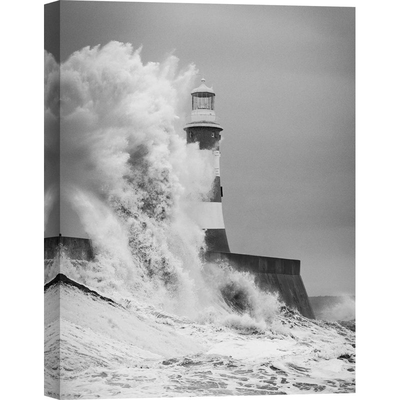 Black And White Photograph Of A Lighthouse, North Sea by Pangea Images - Wrapped Canvas Print, 60cm H x 40cm W