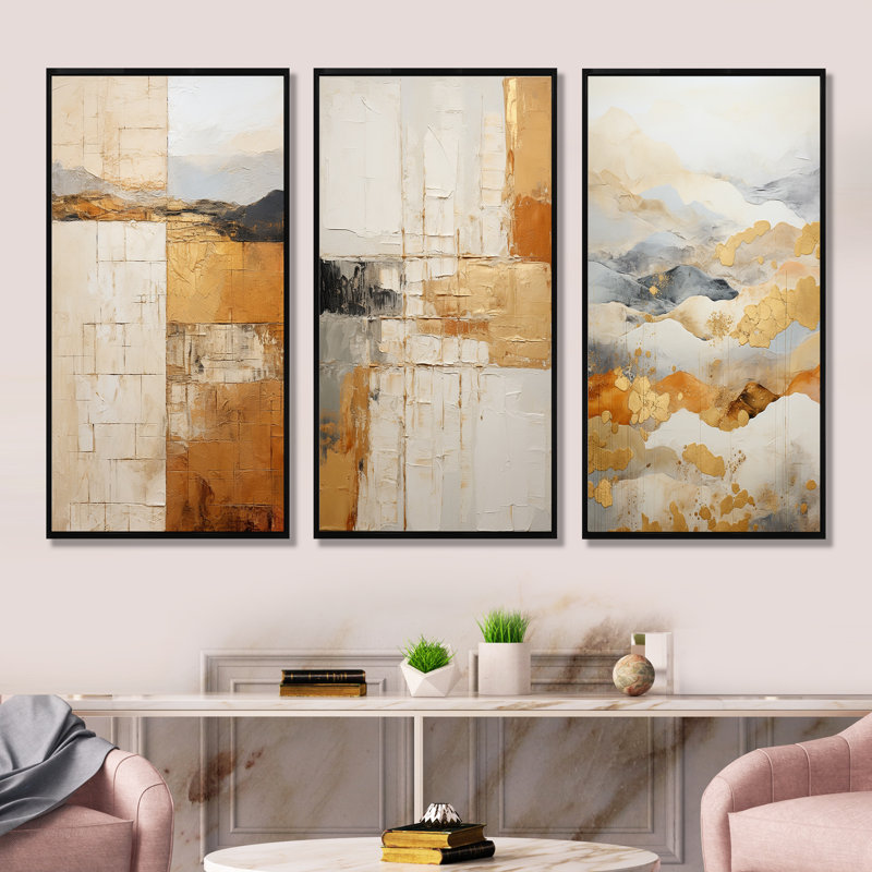 Beige et or, expression minimale - ensemble de 4 impressions sur toile, Cadre flottant noir, H 32 po x l 48 po