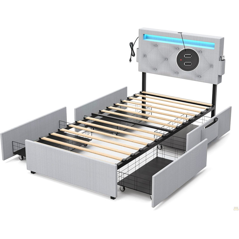Twin Bed Frame With USB Charging Station & LED Lights, Twin Bed Frame With Headboard & 4 Storage Drawers