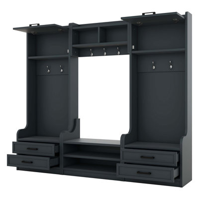 4-in-1 Detachable Hall Tree with Storage Drawers, Cabinet, 7 Hooks, and Shoe Bench for Entryway Organization and Space-Saving Functionality.