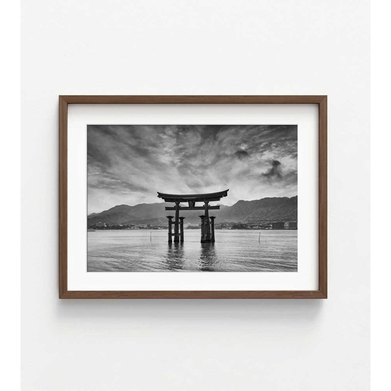 Torii Reflections – Black and White Japan Photography, 42" H x 56" W, Framed Print with Mat, Brown