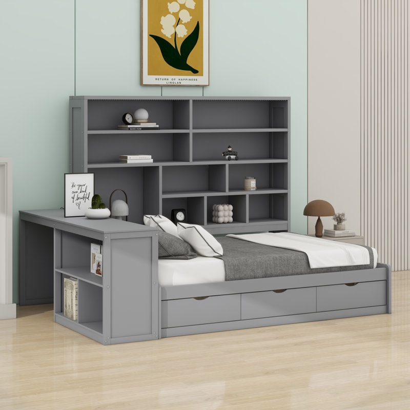 Lit de jour avec tiroirs, bureau, tablettes et lumières, Gris