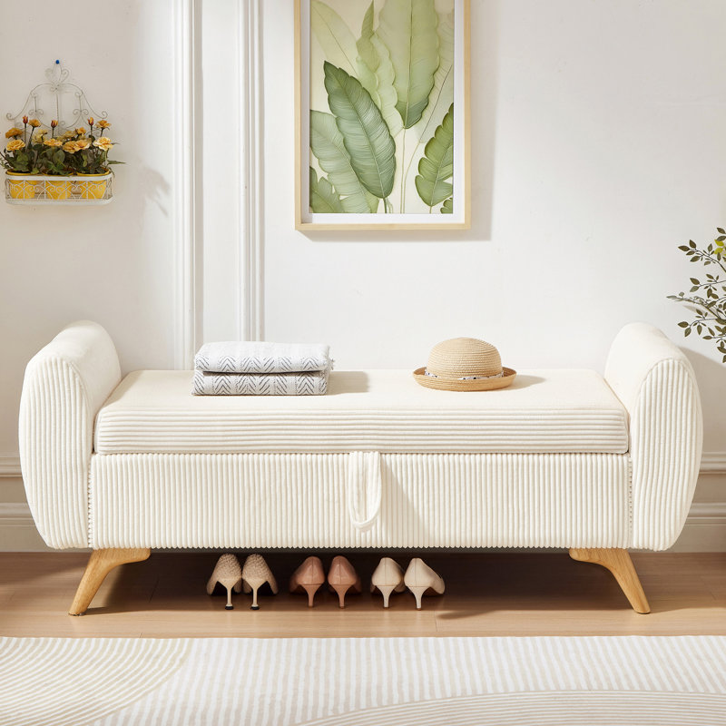 Banc de rangement rembourré en velours côtelé de 57 po, Beige, Beige