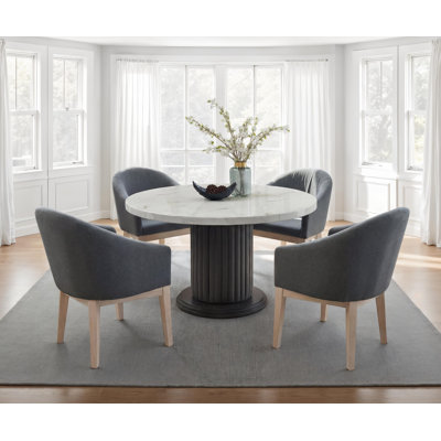 Ensemble de table de salle à manger 5 pièces 5 pièces avec plateau en faux marbre blanc 54 po, piédestal cannelé gris et 4 chaises demi-tonneau rembourrées grises