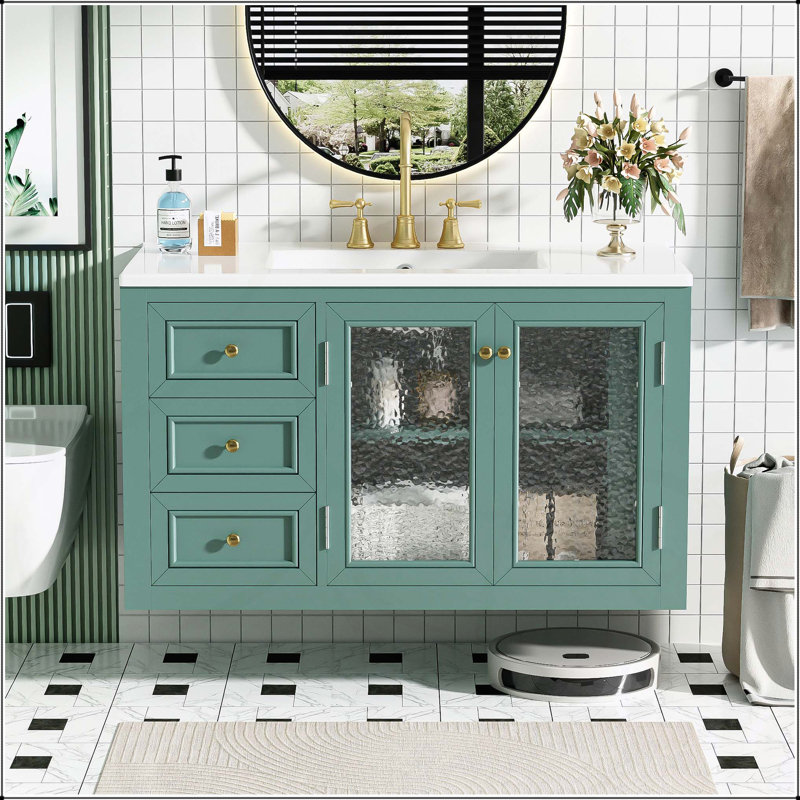 Meuble-lavabo mural 36 po avec lavabo en céramique, armoire de rangement flottante à 3 tiroirs, structure en bois massif et panneau de fibres à densité moyenne
