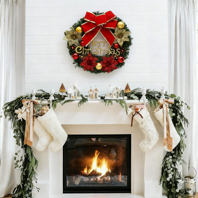 Couronne de Noël de 30 cm avec fleurs artificielles et «Merry Christmas», cerceau décoratif festif et floral pour porte, fenêtre de Noël, arbre de Noël, décoration de maison