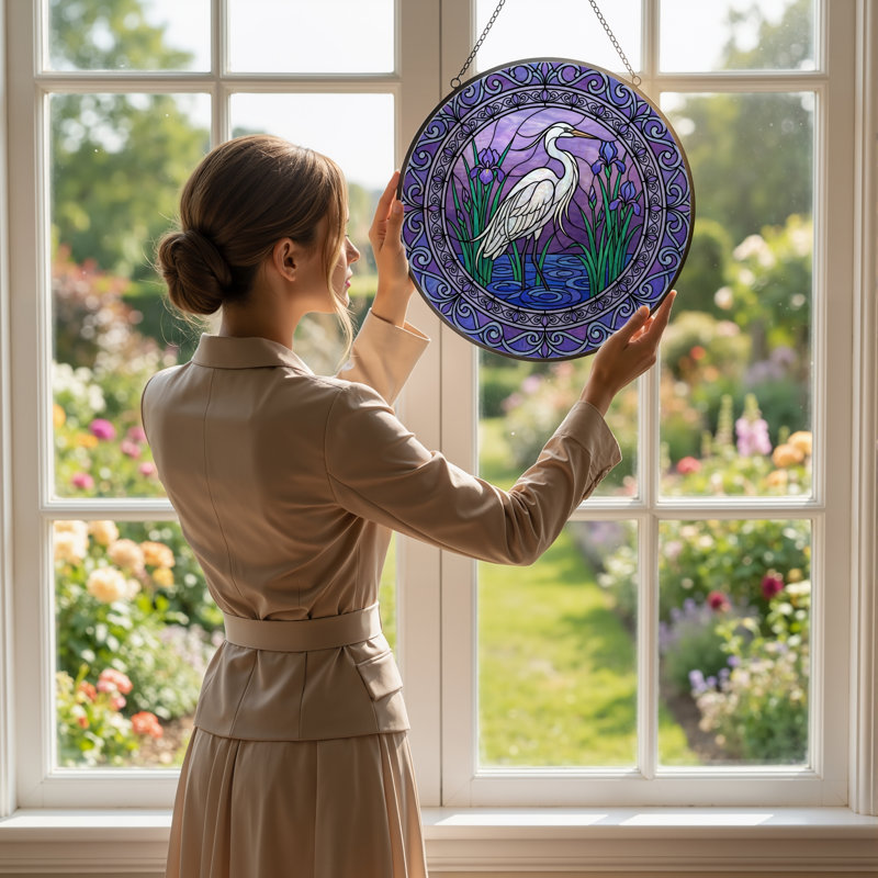 Panneau de vitrail Heron Iris ， 7,8H, H 7,8 po