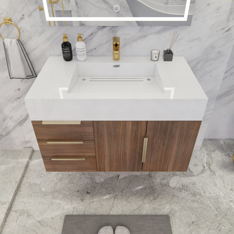 Meuble-lavabo mural simple l 35,4 po x P 19,5 po x H 19,75 po Richey, Bois de rose, Blanc