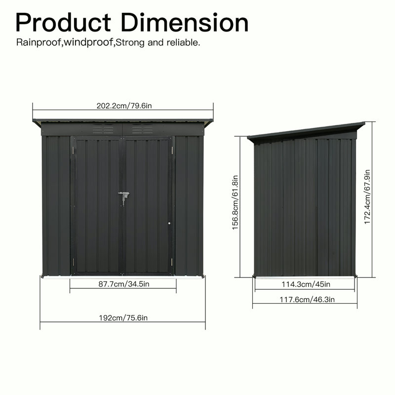 Lean-To Metal Storage Shed, Black, 67.9" H x 46.3" W x 79.6" D
