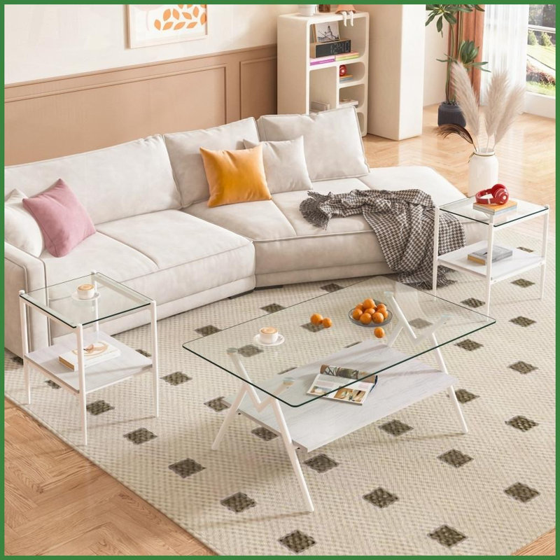 Ensemble de 3 pièces Ensemble de tables de bout en verre trempé, facile à nettoyer, tablette de rangement, pieds en fer durable pour le salon