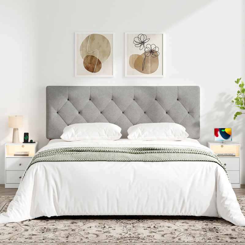 Tête de lit tapissier à hauteur ajustable, gris clair pliable, Gris clair, Lit double
