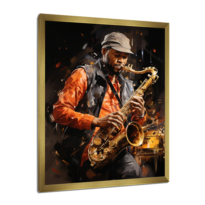 Yeraldin, musique, saxophone, mélodie, chaud, H 44 po x l 34 po x P 1,5 po, Encadrement doré