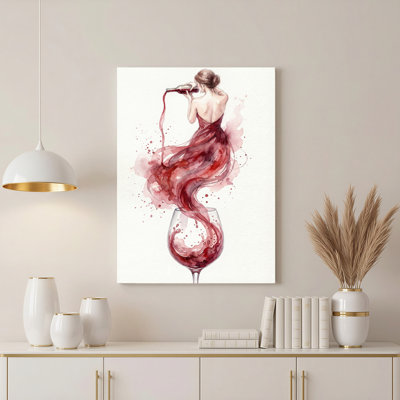 Red Wine Woman Watercolor Art Canvas Wrapped Wall Art Oil Painting Print Set Of 1