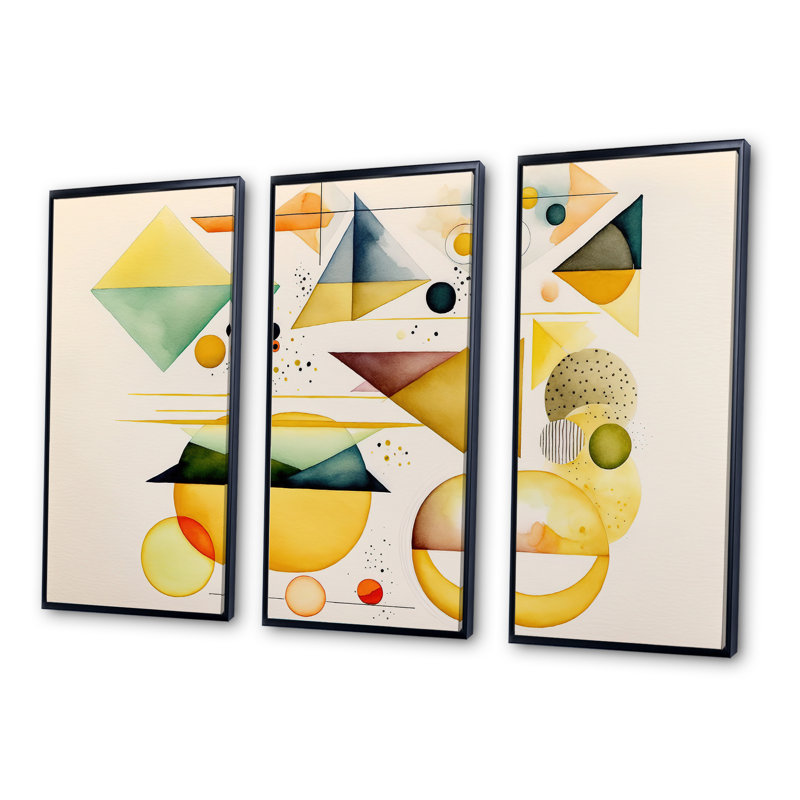 Kerri jaune à formes multiples abstraites I - impression de 3 pièces, Cadre noir, H 28 po x l 36 po x P 1 po
