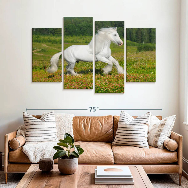 Shire à cheval dans la prairie, H 42 po x l 68 po
