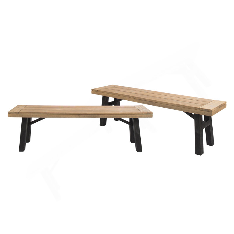 Outdoor Bench With Slat Panel Design And Acacia Wood Frame(Set Of 2), Natural And Grey