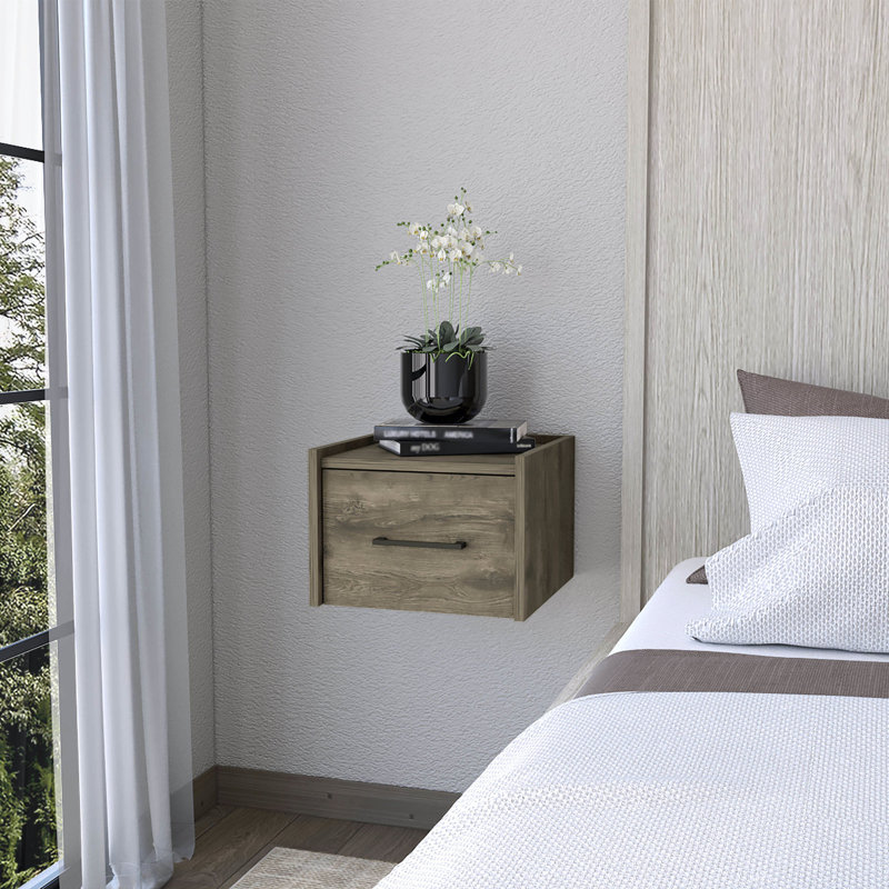 Table de chevet flottante moderne, table de bout, table d'appoint, tiroir mural simple avec poignée - brun foncé - chambre à coucher