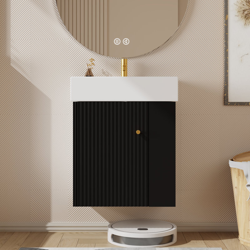 Meuble-lavabo flottant simple 21,6 po avec dessus Lynice, Noir, Doré