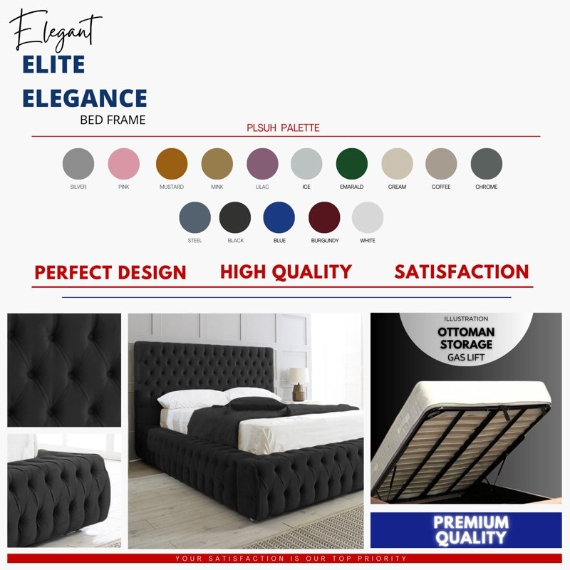 Elite Elegance Ambassador Ottoman Storage Bed - Premium Upholstered Velvet Bed Frame with Tall Headboard, Double (4'6), Black