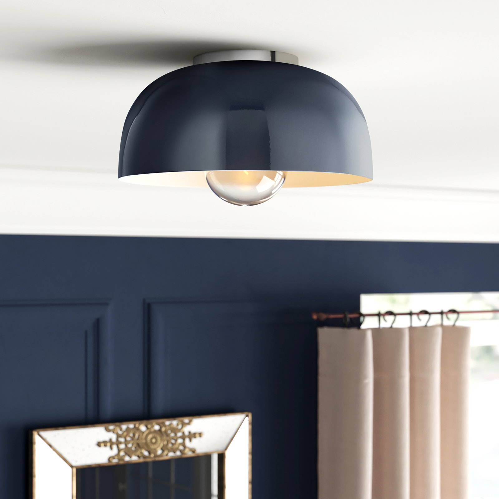 Rodanthe Single Light Metal Flush Mount, Polished Nickel, Navy, 6" H x 14" W x 14" D