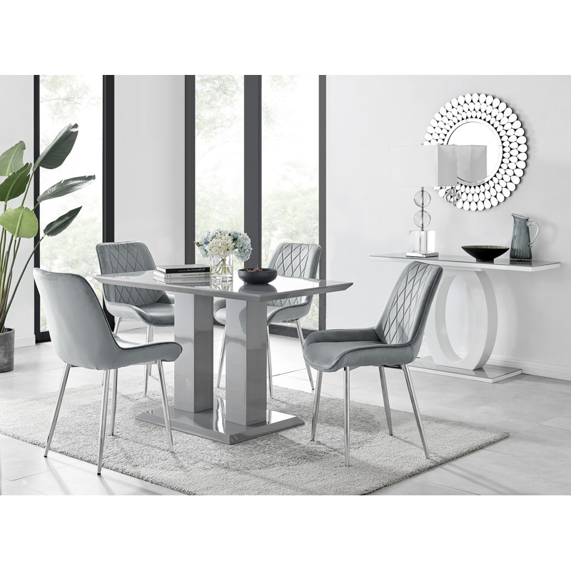 Edzard Double Pedestal High Gloss Dining Table Set with 4 Luxury Velvet Dining Chairs, Grey, Grey/Black