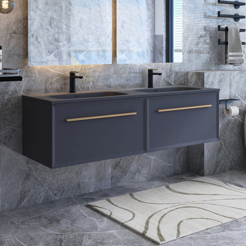 Torrianna 59.05'' Double Bathroom Vanity with Solid Surface Top, Gray, Matt Gray, Gray