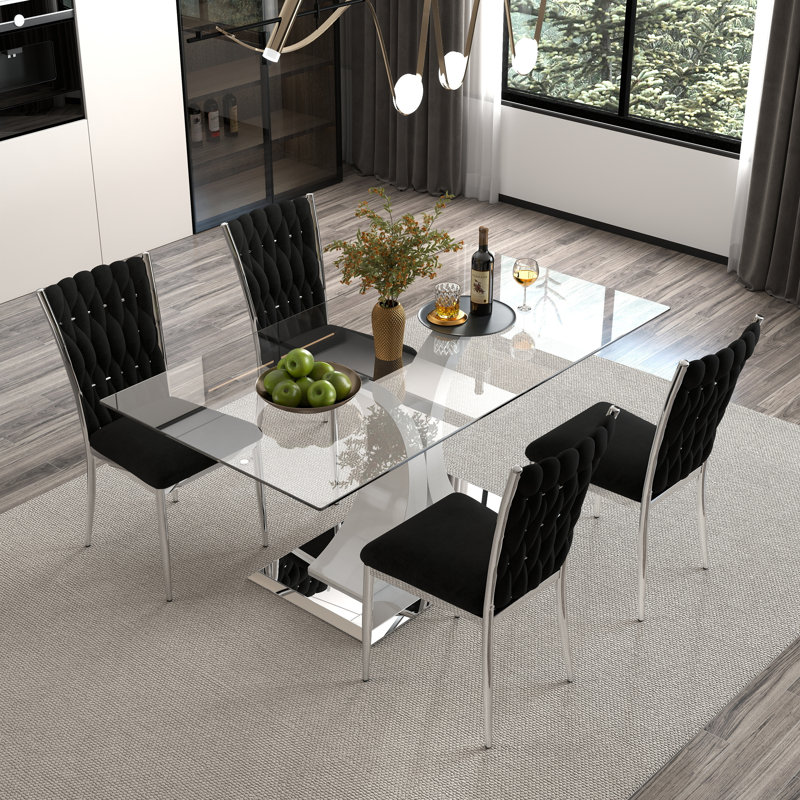 Ensemble de salle à manger moderne en verre, base en métal argenté et chaises en velours 4/6 pour la cuisine et la salle à manger