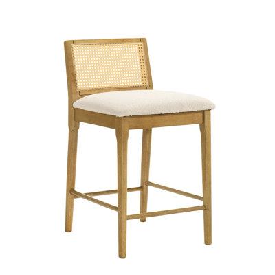 Tobias Coastal Modern Wood Counter Height Kitchen Bar Stool In Amber Glow Finish With White Boucle Fabric Upholstered Seat