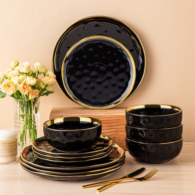 Aiyden 12 Piece Ceramic Dinnerware Set - Service for 4, Gold/Black