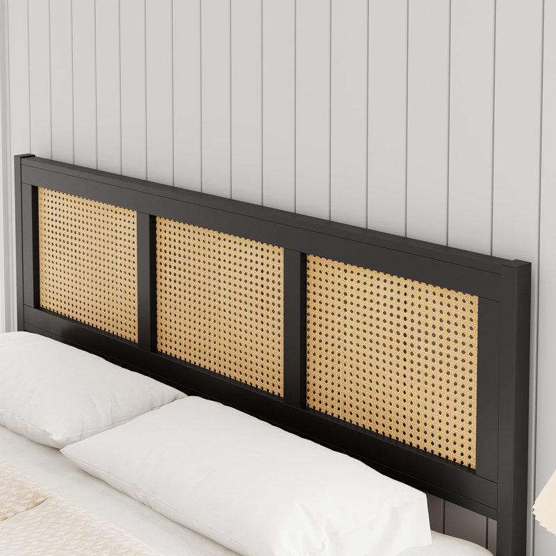 Rattan Bed Frame With Headboard, Black, Queen